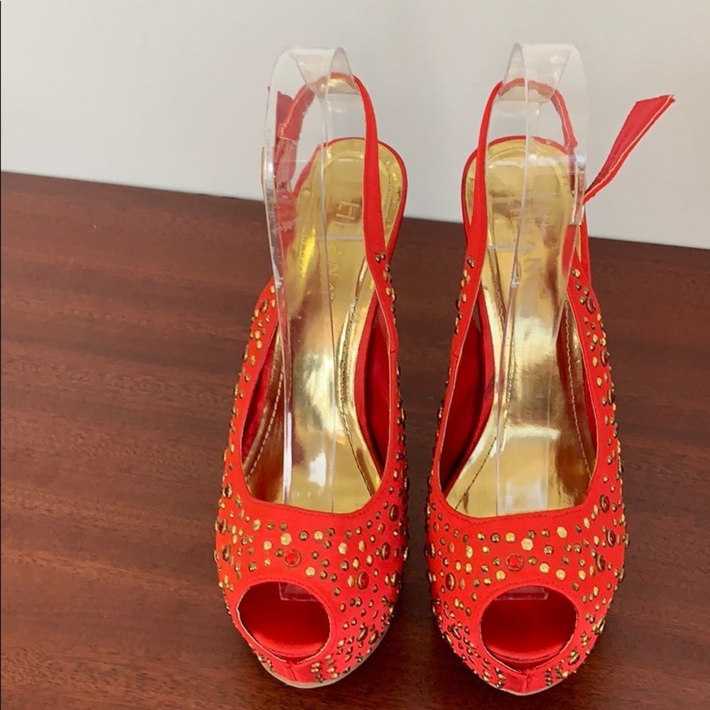 Liliana , Red Jeweled Silk Platform Shoe